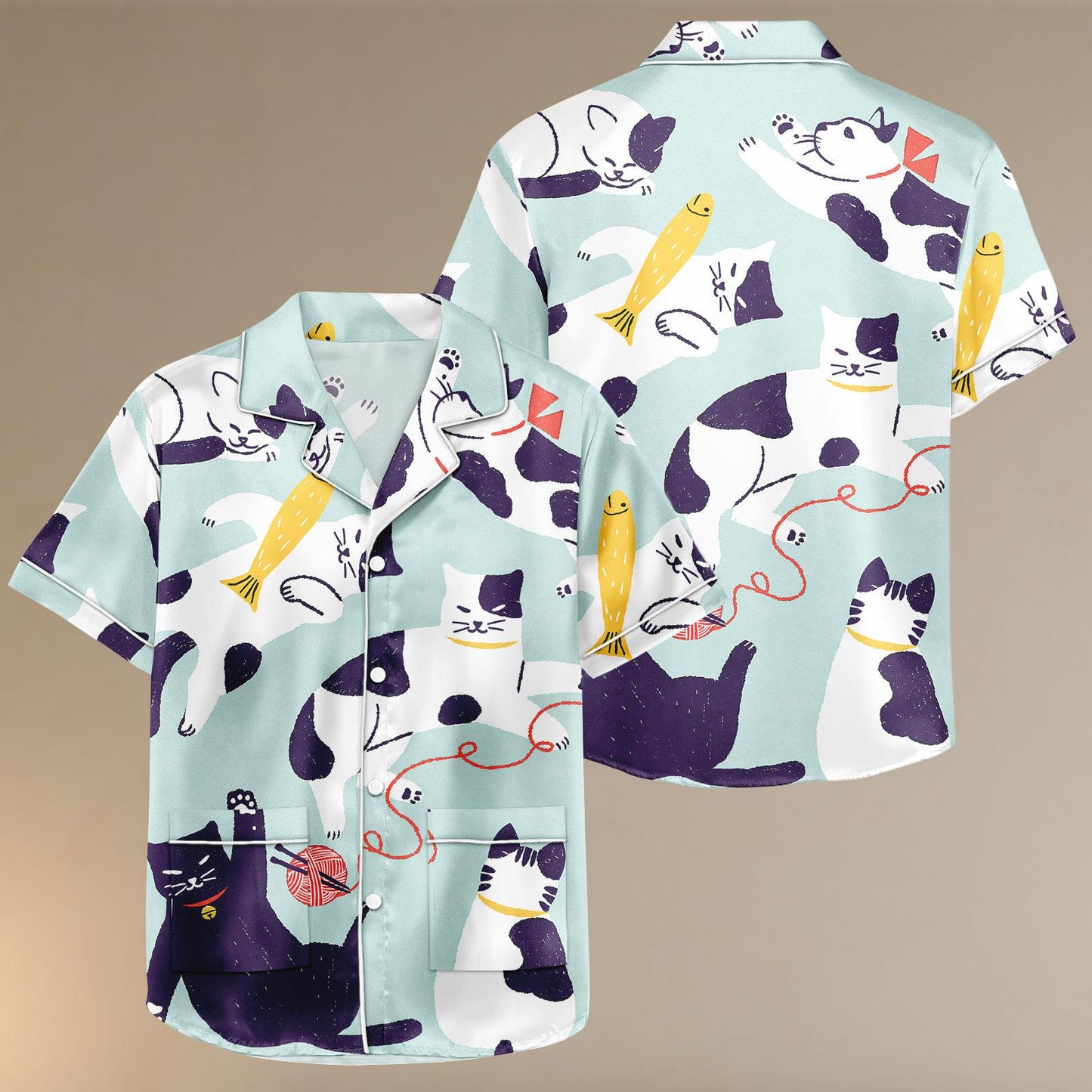 Cat Satin Pajamas Set, Cat Love Short Pajamas, Cat Pyjamas, Sleepwear Matching Pjs, Lounge Set, Cat Pajamas for Women, Pet Lover Gift