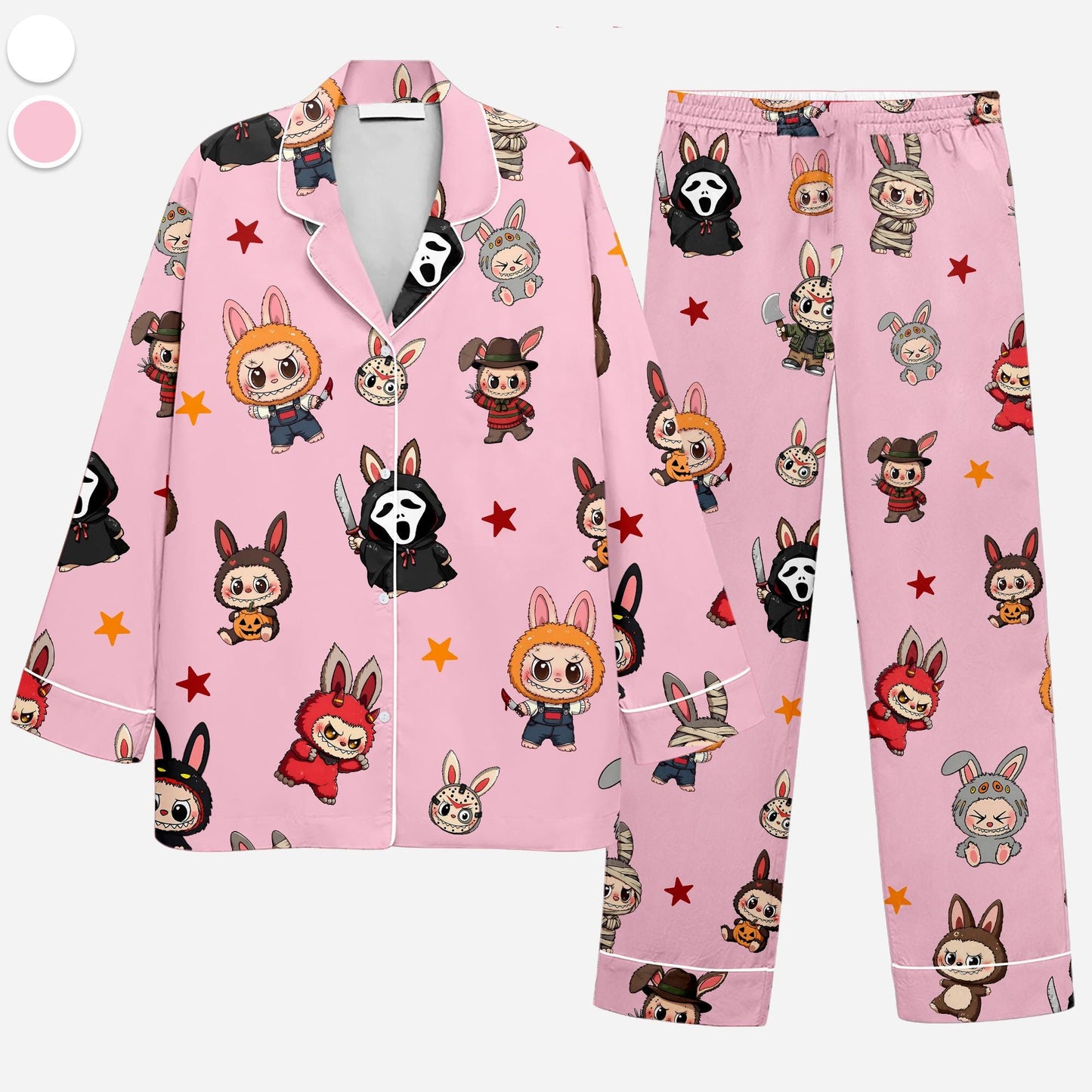 Labubu Horror Pajamas Set, Horror Character Pajamas, Button Up Sleepwear, Cozy Outfit for Horror Fans, Spooky Gifts for Men, Labubu Merch