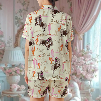 Cowgirl Pajama Set, Western Sleepwear, Cactus & Cowgirl Summer Loungewear Set, Rodeo Horse And Cactus Pajamas, Country Girl Pjs