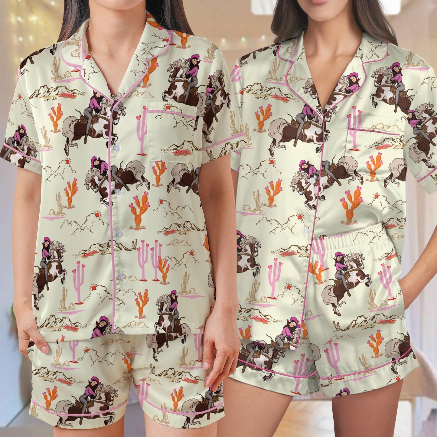 Cowgirl Pajama Set, Western Sleepwear, Cactus & Cowgirl Summer Loungewear Set, Rodeo Horse And Cactus Pajamas, Country Girl Pjs