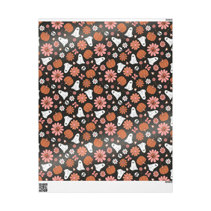 Ghost and Pumpkin Halloween Wrapping Paper Roll, Trick or Treat Spooky Gift Wrap for October Groovy Retro Party Packaging
