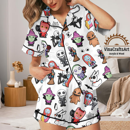 Nightmare Halloween Pajama Set – Cute Spooky Long and Short Sleeve & Pants – Jack Friends Sleepwear for Women or Fans