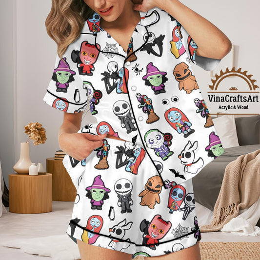 Nightmare Halloween Pajama Set – Cute Spooky Long and Short Sleeve & Pants – Jack Friends Sleepwear for Women or Fans