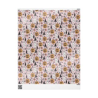 Halloween Wrapping Paper Roll, Retro-Inspired Gift Wrap with Ghosts, Pumpkins and Stars, Vintage Spooky Vibes