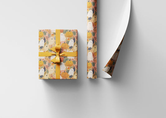 Cute Halloween Wrapping Paper Roll, Watercolor Ghosts and Pumpkins Design, Pastel Fall Gift Wrap for Kids Gifts
