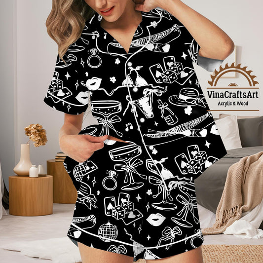 Black Glam Party Pajama Set – Nightlife-Inspired Long and Short Sleeve & Pants – Women’s Chic Lounge Sleepwear with Disco Dice Set
