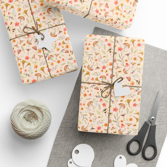 Vintage Mushroom Wrapping Paper Roll for Woodland Themed Gifts and Party, Boho Forest cottagecore Gift Wrap, Custom Natural Gift Packaging