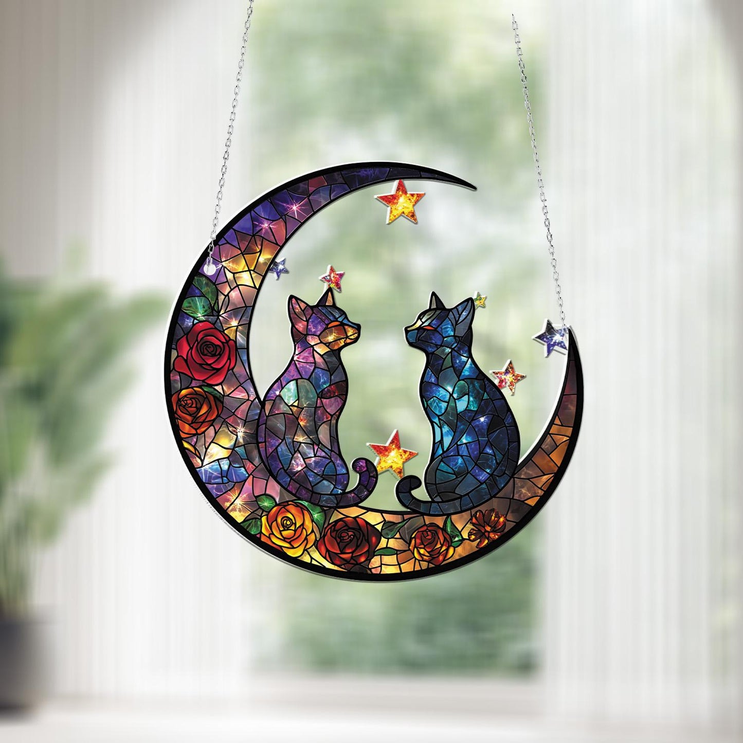 Romantic Cat Moon Window Hanging, Celestial Decor with Stars and Roses, Couple Gift, Cat Lover Decoration for Bedroom or Living Room