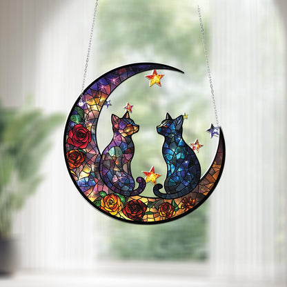 Romantic Cat Moon Window Hanging, Celestial Decor with Stars and Roses, Couple Gift, Cat Lover Decoration for Bedroom or Living Room