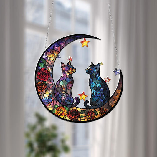 Romantic Cat Moon Window Hanging, Celestial Decor with Stars and Roses, Couple Gift, Cat Lover Decoration for Bedroom or Living Room
