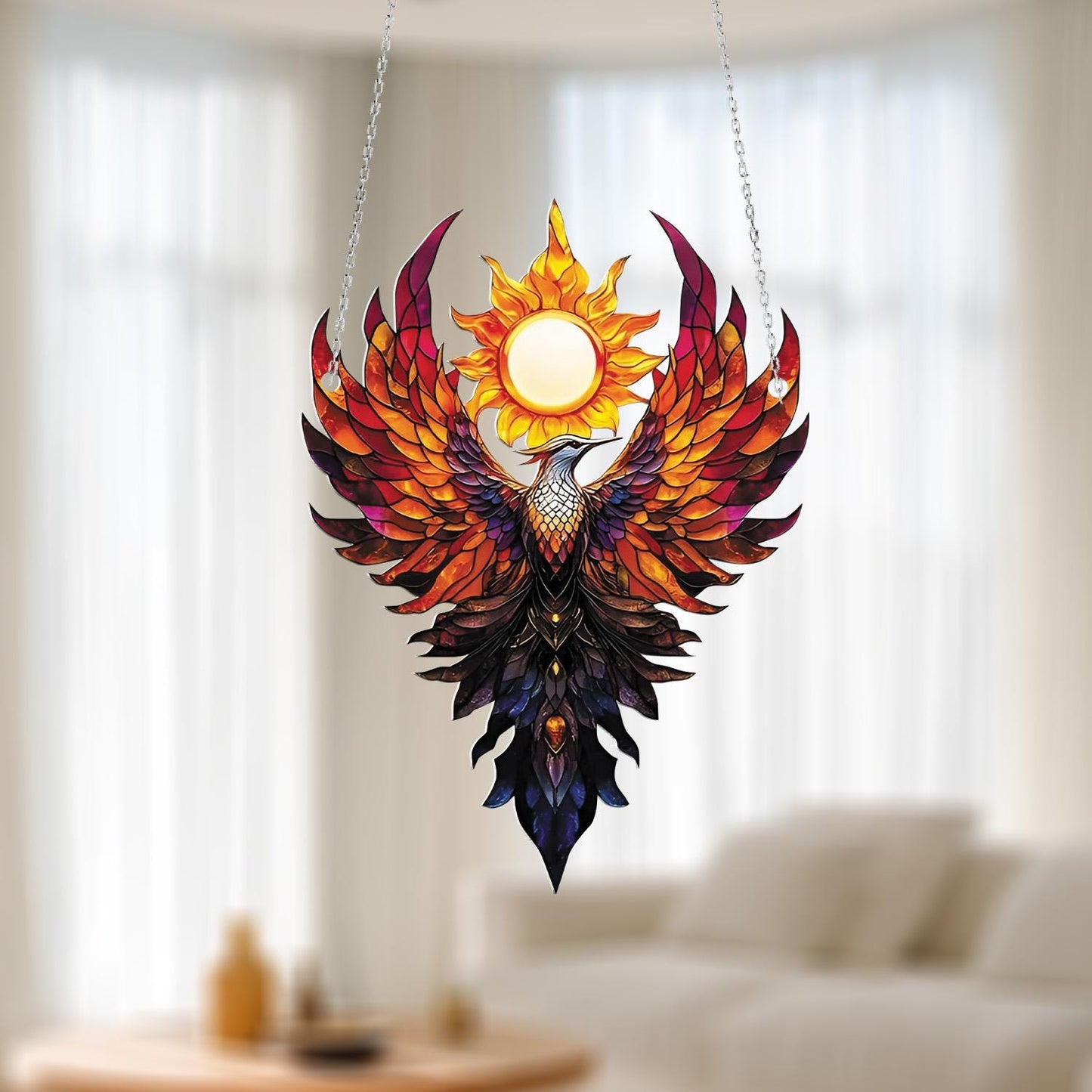 Phoenix Bird Window Hanging with Rising Sun, Fire Element Home Decor, Mythical Creature Ornament, Gift for Strength and Transformation