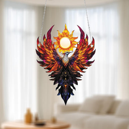 Phoenix Bird Window Hanging with Rising Sun, Fire Element Home Decor, Mythical Creature Ornament, Gift for Strength and Transformation