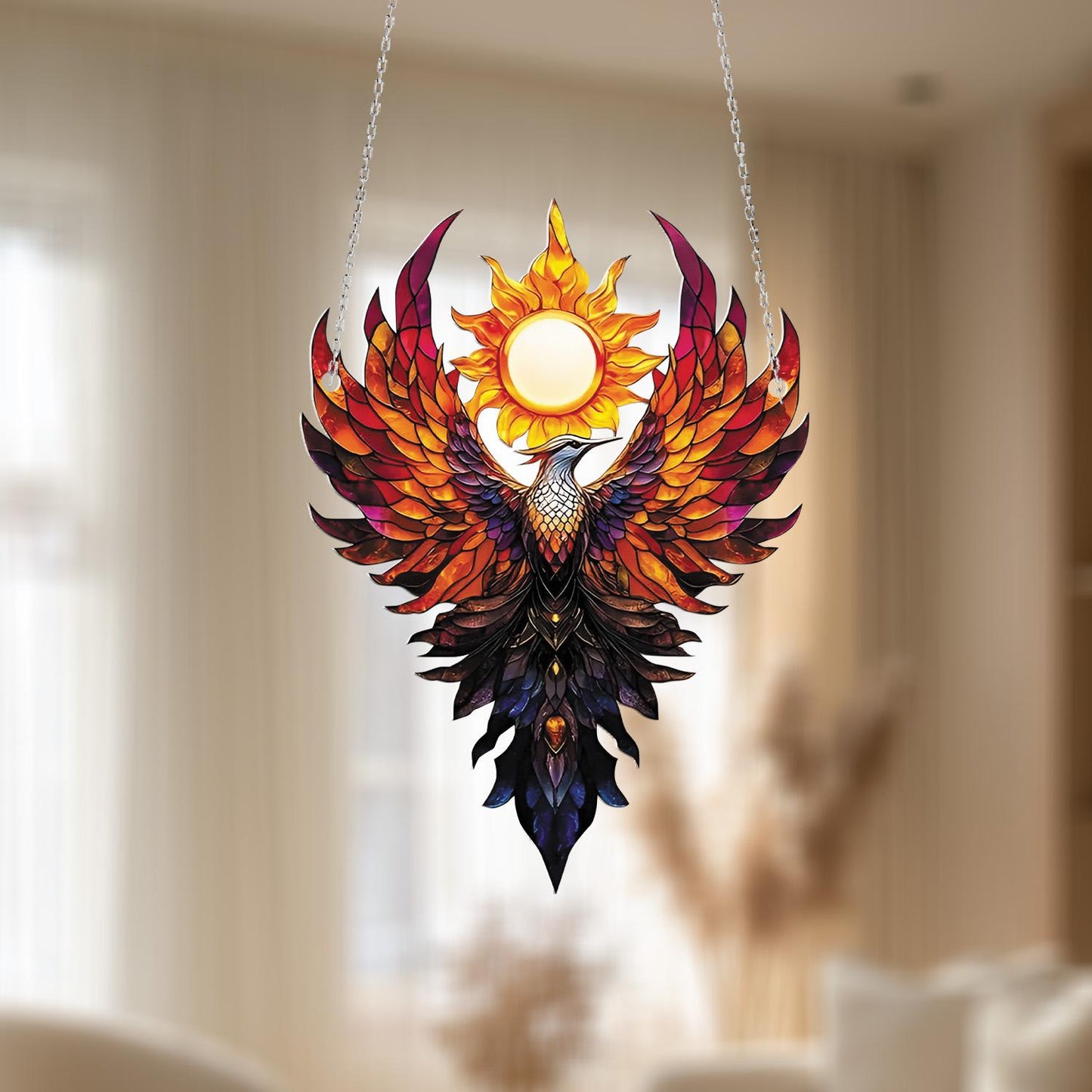 Phoenix Bird Window Hanging with Rising Sun, Fire Element Home Decor, Mythical Creature Ornament, Gift for Strength and Transformation