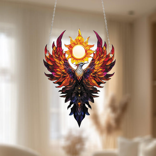 Phoenix Bird Window Hanging with Rising Sun, Fire Element Home Decor, Mythical Creature Ornament, Gift for Strength and Transformation