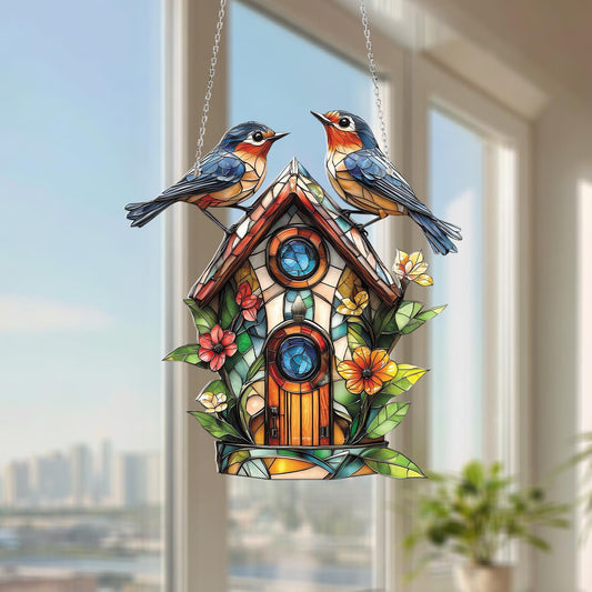 Birdhouse Window Hanging with Bluebirds and Flowers, Cottagecore Nature Decor, Spring Garden Ornament, Gift for Bird Lovers and Moms