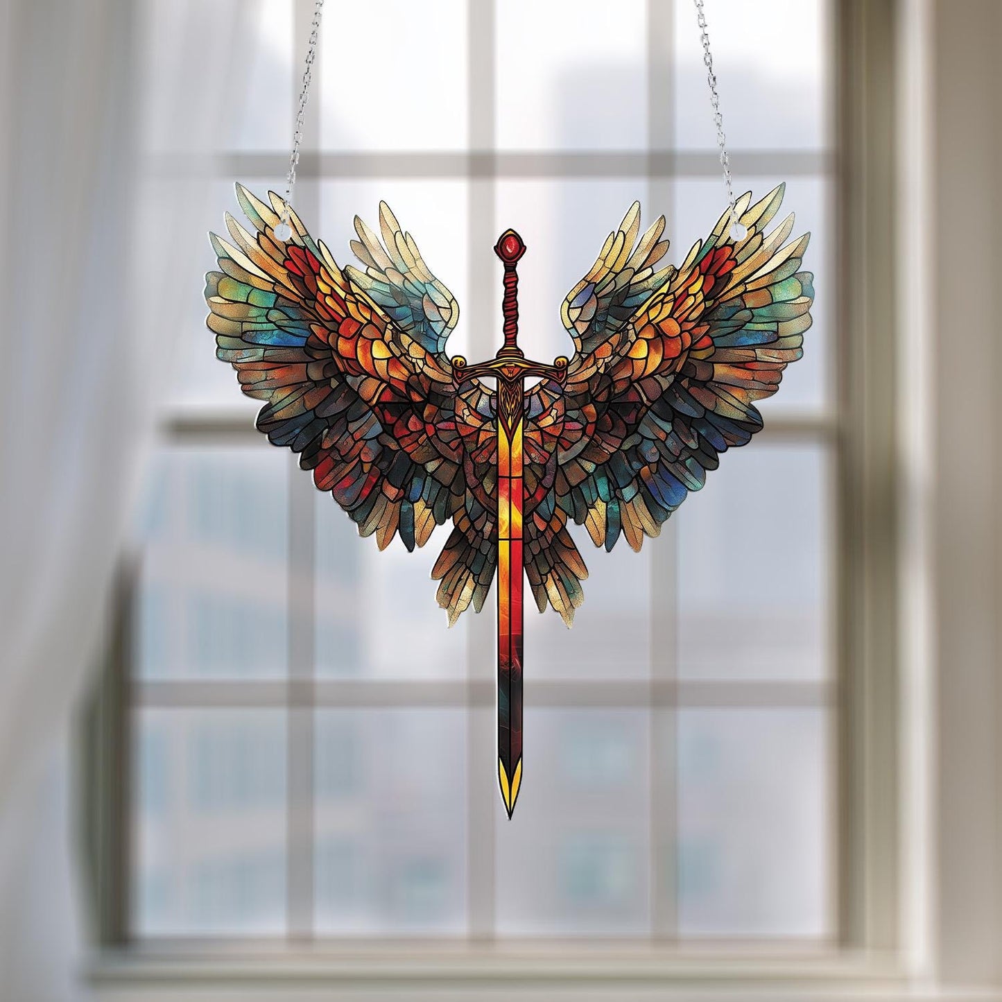 Sword and Wings Window Hanging, Fantasy Warrior Decor, Angelic Protection Ornament, Bold Medieval Style Gift for Him, Heroic Home Accent