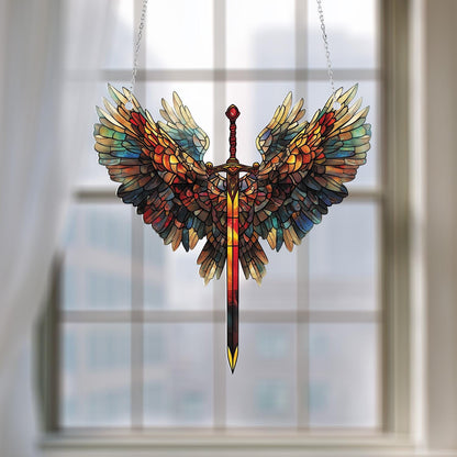 Sword and Wings Window Hanging, Fantasy Warrior Decor, Angelic Protection Ornament, Bold Medieval Style Gift for Him, Heroic Home Accent