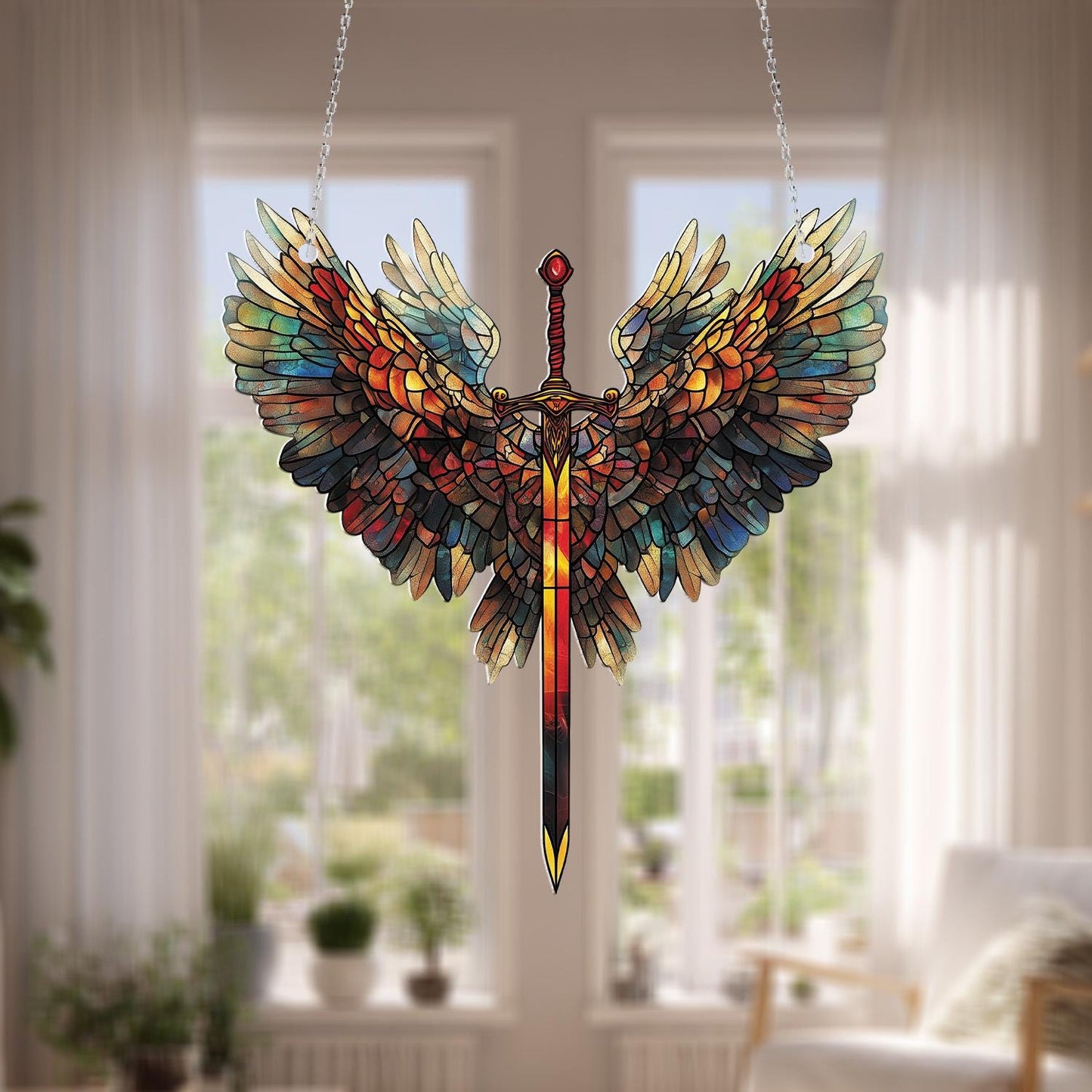 Sword and Wings Window Hanging, Fantasy Warrior Decor, Angelic Protection Ornament, Bold Medieval Style Gift for Him, Heroic Home Accent