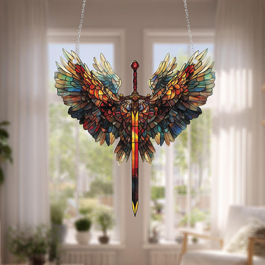 Sword and Wings Window Hanging, Fantasy Warrior Decor, Angelic Protection Ornament, Bold Medieval Style Gift for Him, Heroic Home Accent