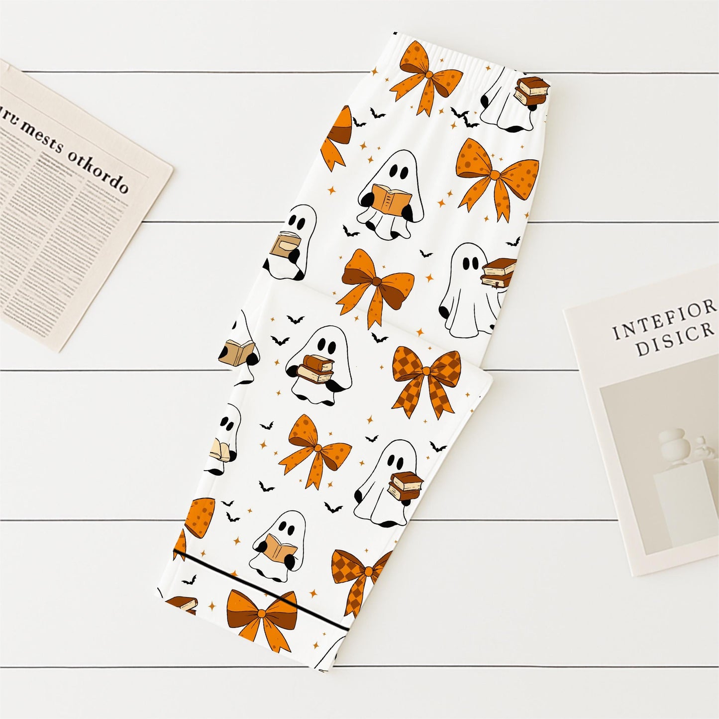 Halloween Ghost Reading Book Pajamas Set, Halloween Pattern Sleepwear, Coquette Bow Homewear, Fall Loungewear Set, Spooky Season Gift