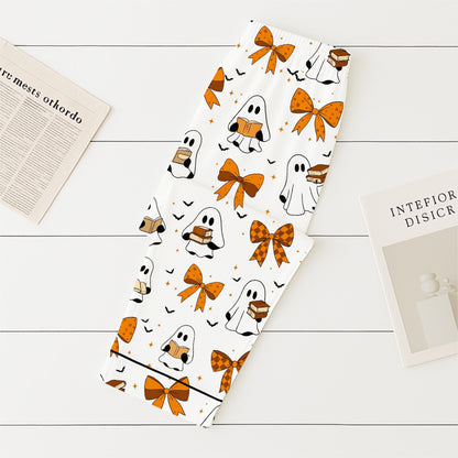 Halloween Ghost Reading Book Pajamas Set, Halloween Pattern Sleepwear, Coquette Bow Homewear, Fall Loungewear Set, Spooky Season Gift