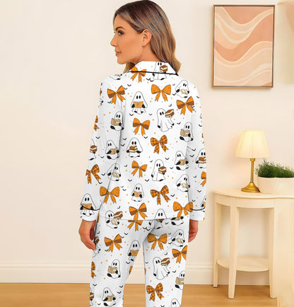 Halloween Ghost Reading Book Pajamas Set, Halloween Pattern Sleepwear, Coquette Bow Homewear, Fall Loungewear Set, Spooky Season Gift