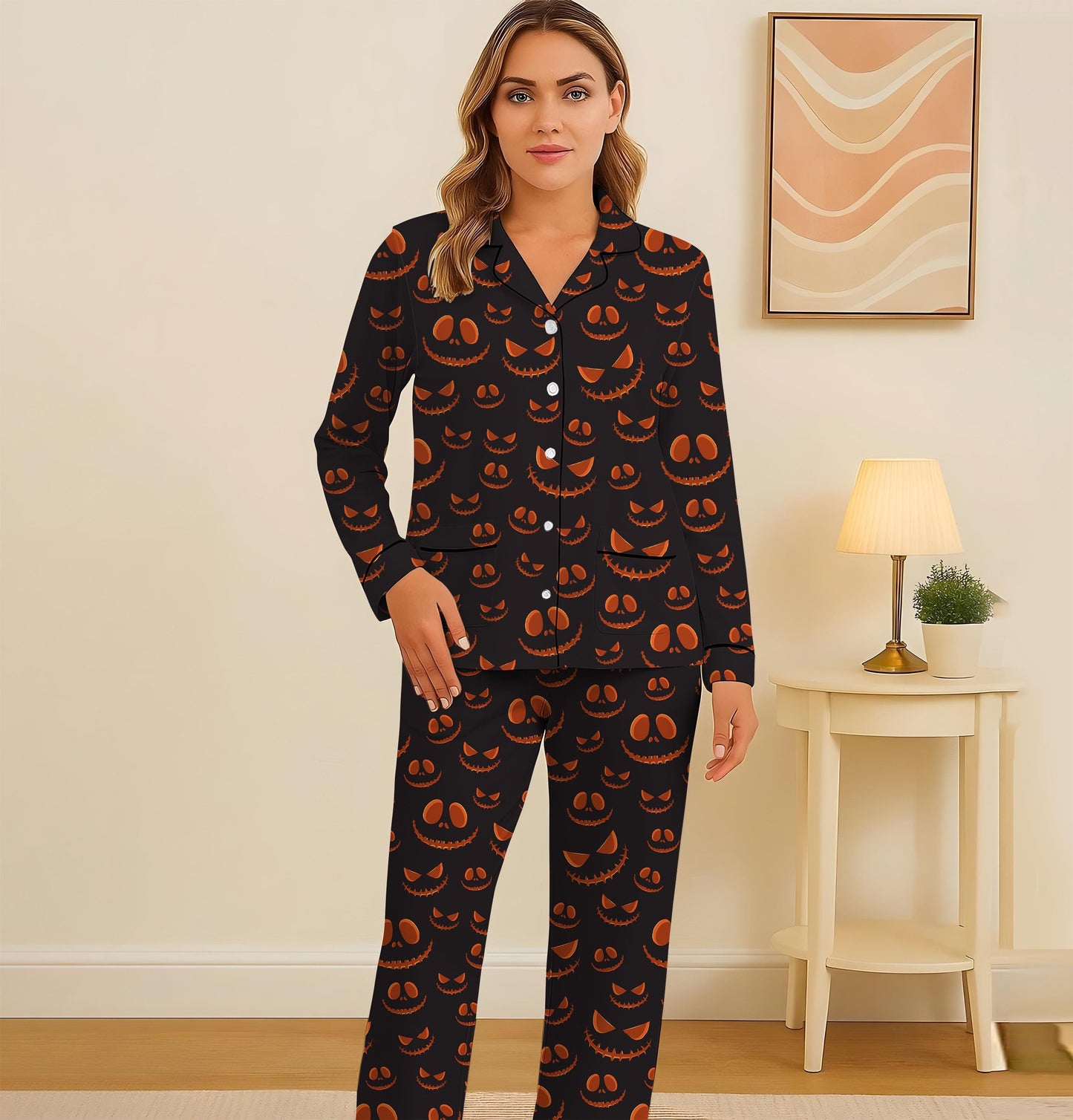 Halloween Pumpkin Face Pajamas Set, Scary Pumpkin Sleepwear, Halloween Pattern Homewear, Spooky Season Gift, Halloween Gift