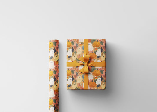 Cute Halloween Wrapping Paper Roll, Watercolor Ghosts and Pumpkins Design, Pastel Fall Gift Wrap for Kids Gifts