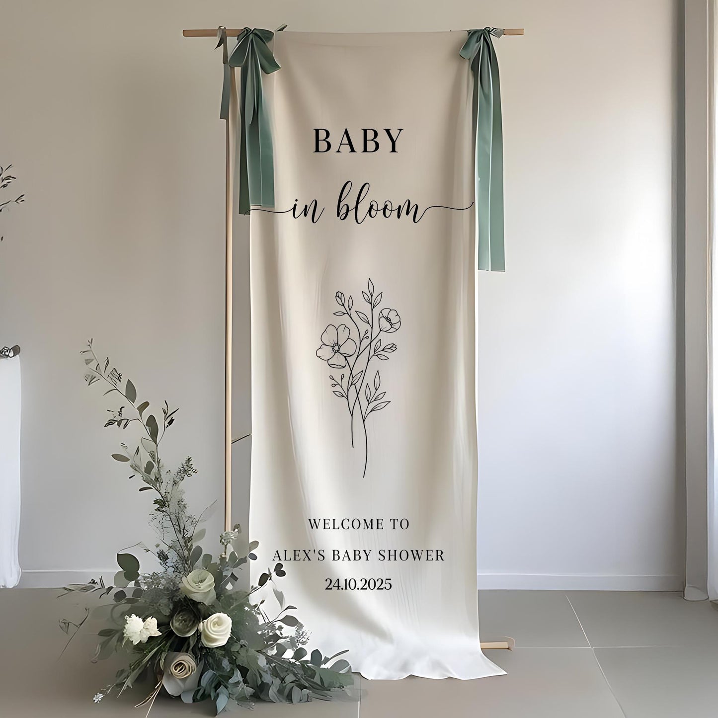Baby in Bloom Baby Shower Welcome Sign, Custom Floral Banner, Personalized Baby Shower Backdrop, Elegant Boho Baby Party Decor for Girl, Boy
