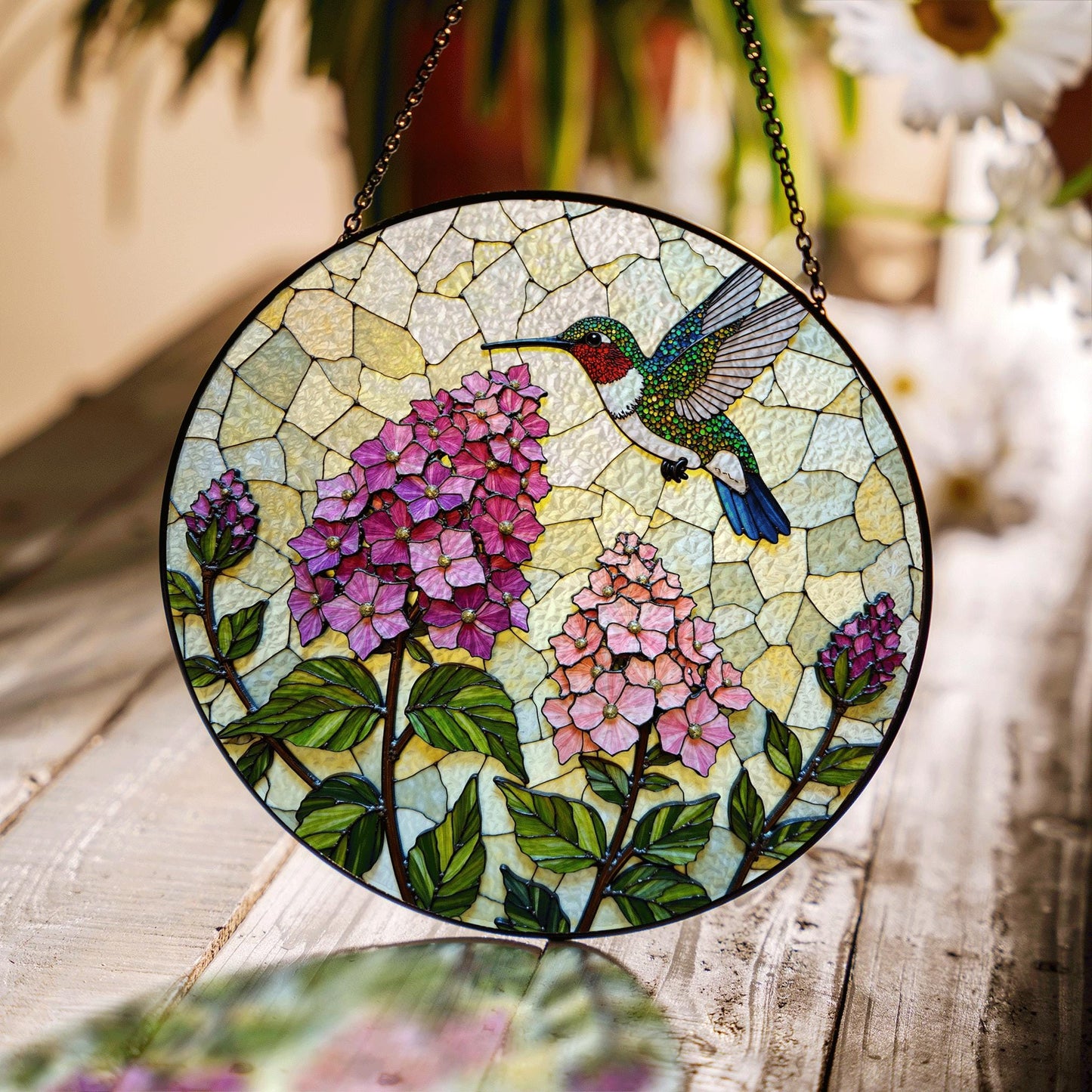 Hummingbird and Hydrangea Round Suncatcher Window Decor Stained Glass Gift for Mom