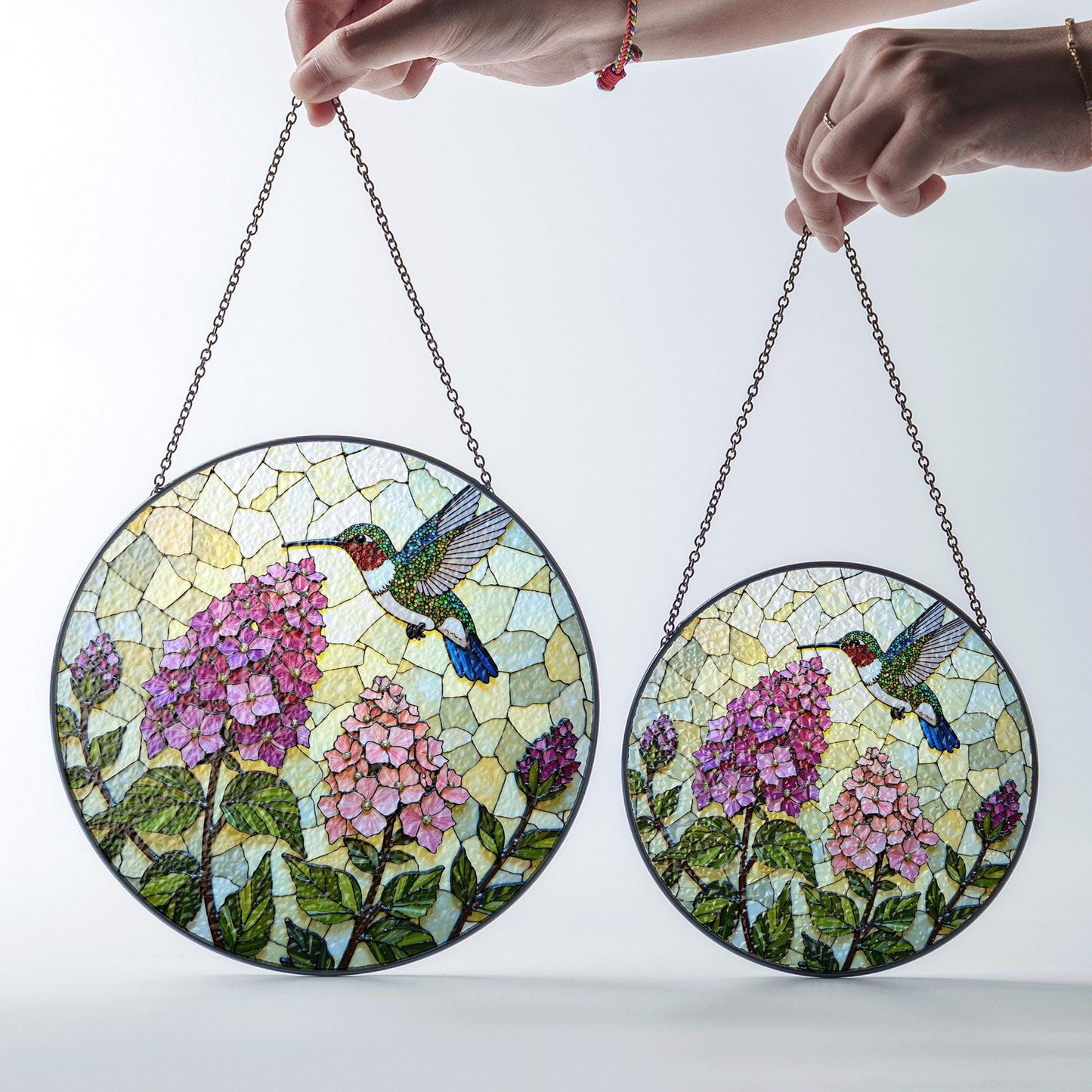 Hummingbird and Hydrangea Round Suncatcher Window Decor Stained Glass Gift for Mom