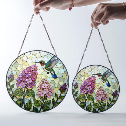 Hummingbird and Hydrangea Round Suncatcher Window Decor Stained Glass Gift for Mom