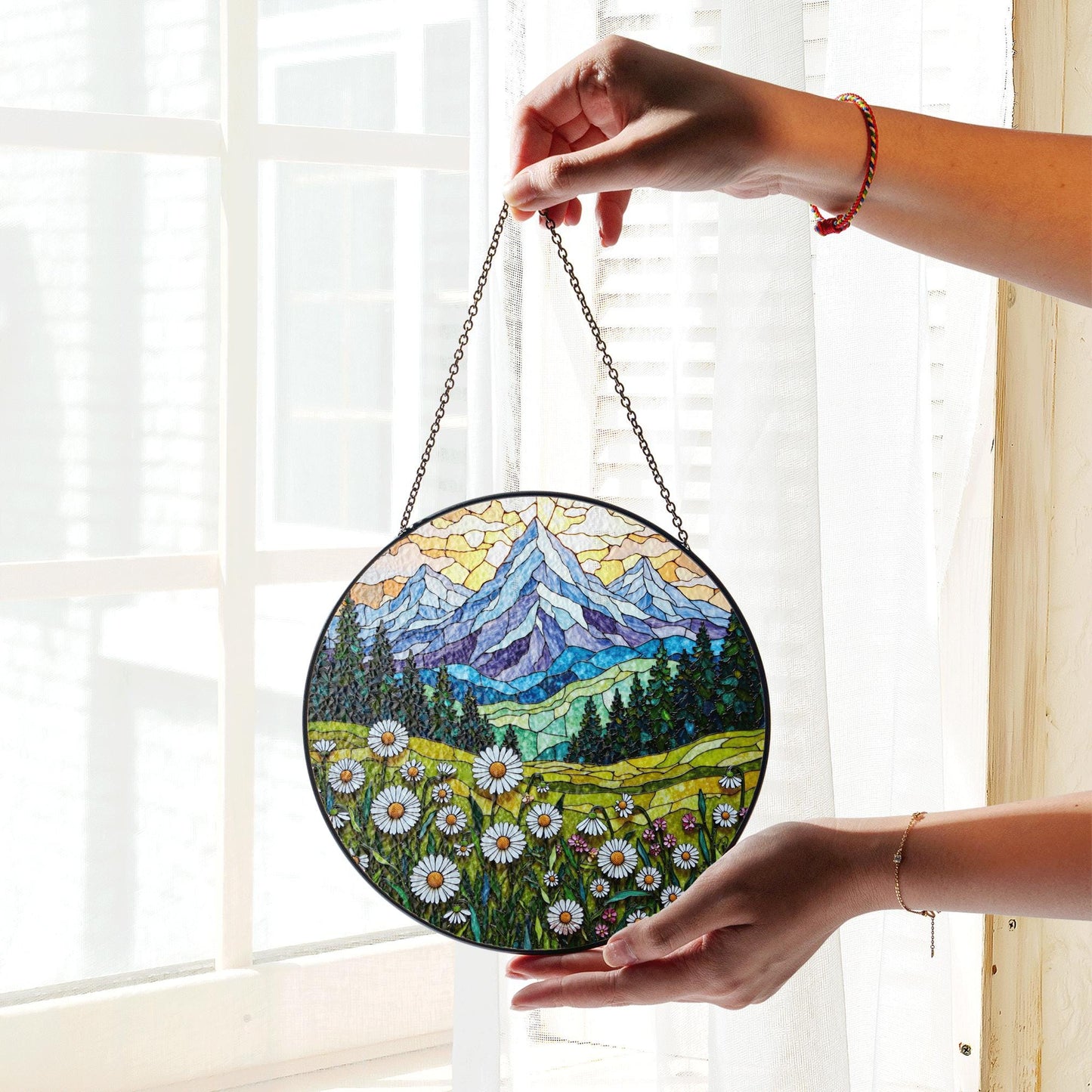 Wildflower Mountain Landscape Suncatcher Window Hanging Nature Art Gift for Mom