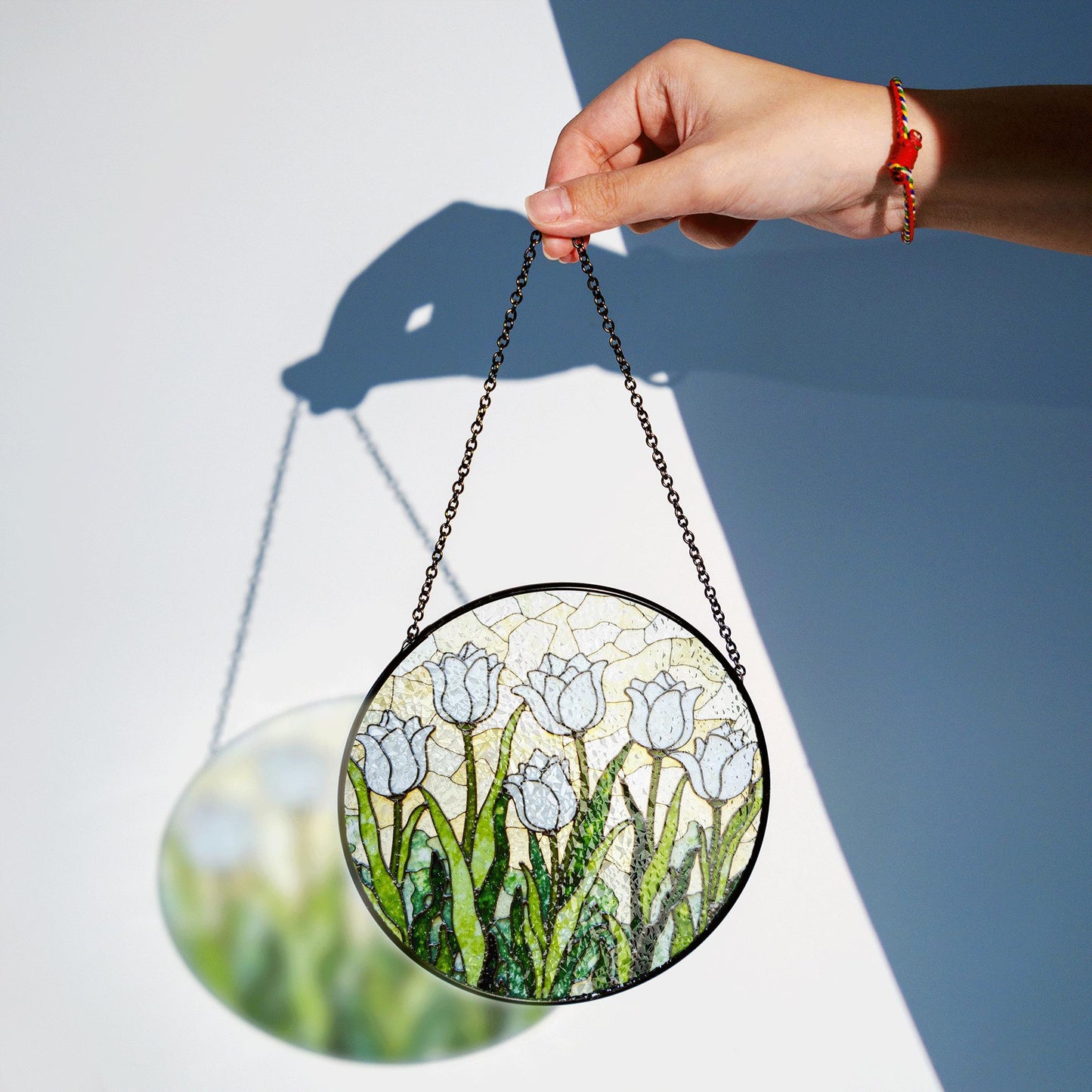 White Tulip Garden Round Glass Suncatcher Window Art Gift for Mothers Day or Spring Birthday