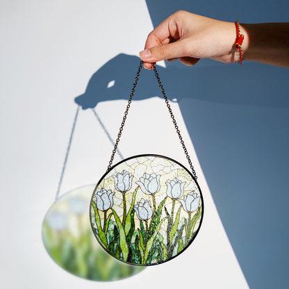 White Tulip Garden Round Glass Suncatcher Window Art Gift for Mothers Day or Spring Birthday
