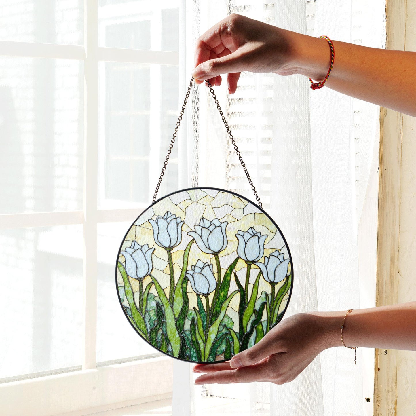 White Tulip Garden Round Glass Suncatcher Window Art Gift for Mothers Day or Spring Birthday