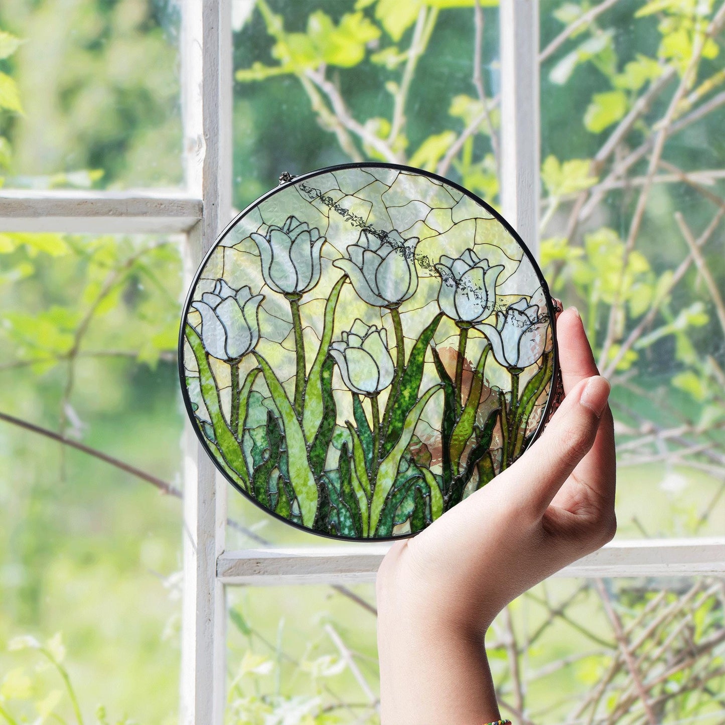 White Tulip Garden Round Glass Suncatcher Window Art Gift for Mothers Day or Spring Birthday