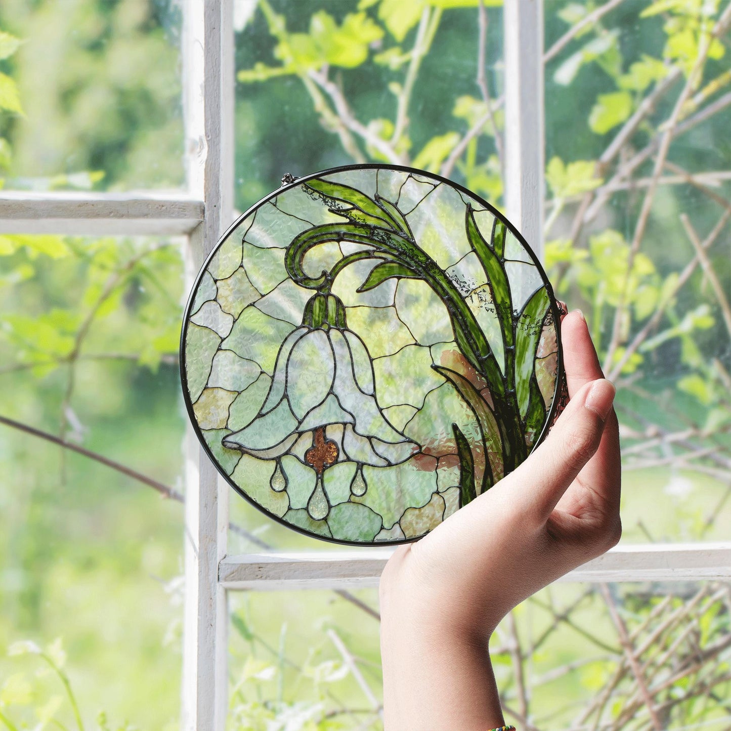 White Bell Flower Stained Glass Suncatcher Floral Window Hanging Gift for Moms and Garden Lovers