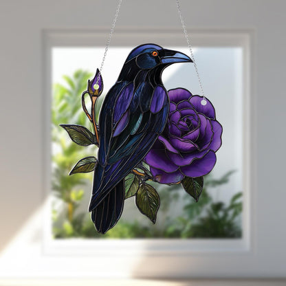 Raven and Purple Rose Window Hanging, Gothic Bird Floral Decor, Witchcore Room Accent, Mystical Raven Gift, Dark Aesthetic Window Art