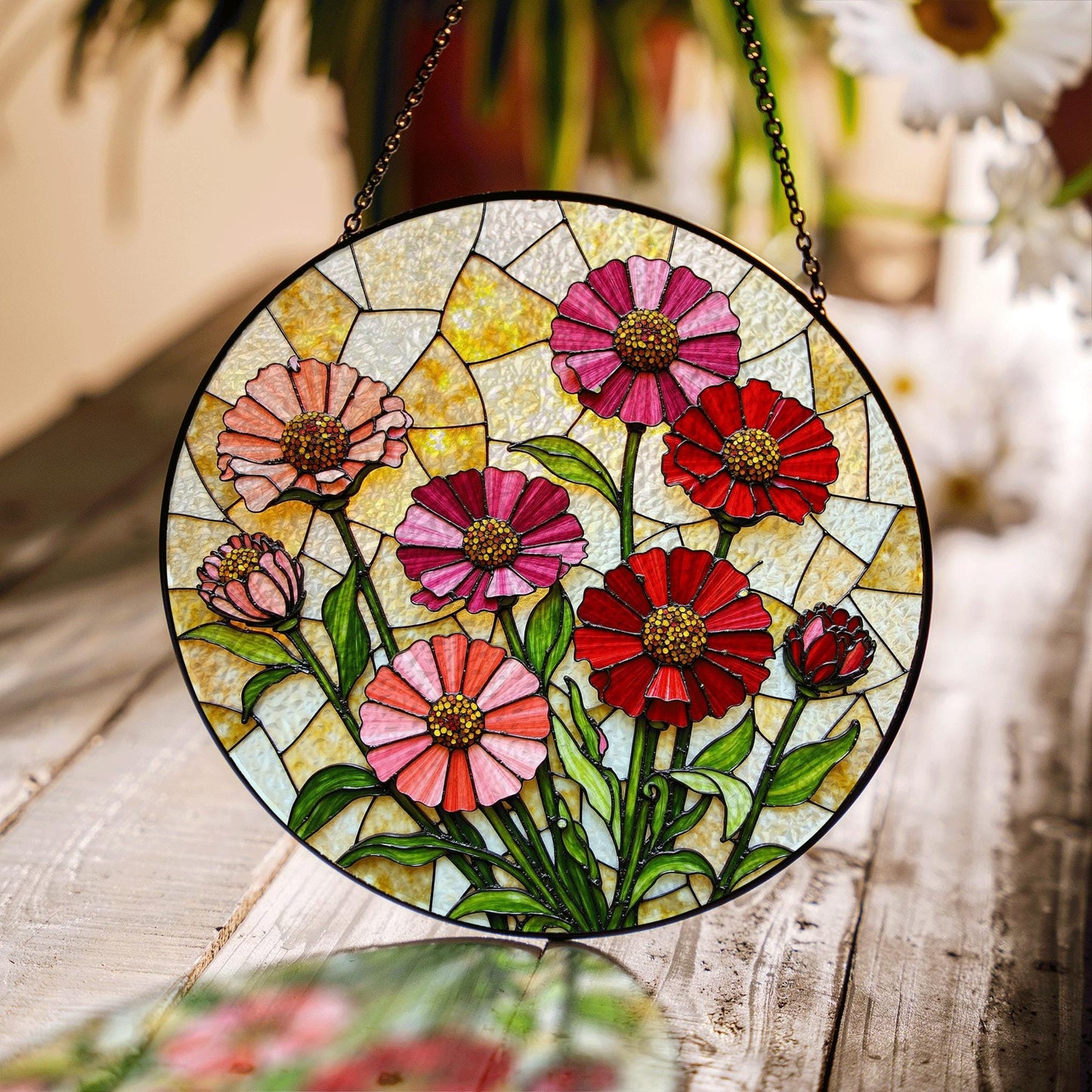 Pink Red Wildflowers Suncatcher Stained Glass Window Decor Gift for Mom Mother Birthday Garden Lover