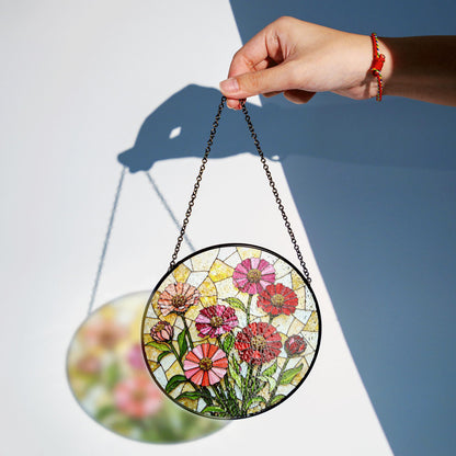 Pink Red Wildflowers Suncatcher Stained Glass Window Decor Gift for Mom Mother Birthday Garden Lover