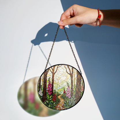 Forest path flower glass suncatcher stained glass woodland window hanging gift for nature lover mom
