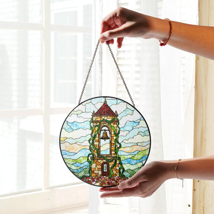 Ivy Tower Bell Scene Suncatcher Stained Glass Style Window Decor Gift for Christmas or Housewarming