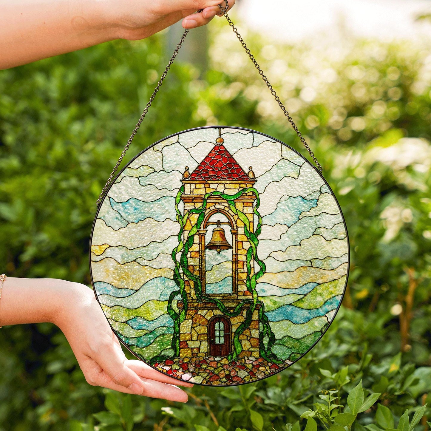 Ivy Tower Bell Scene Suncatcher Stained Glass Style Window Decor Gift for Christmas or Housewarming