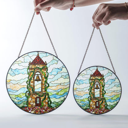 Ivy Tower Bell Scene Suncatcher Stained Glass Style Window Decor Gift for Christmas or Housewarming