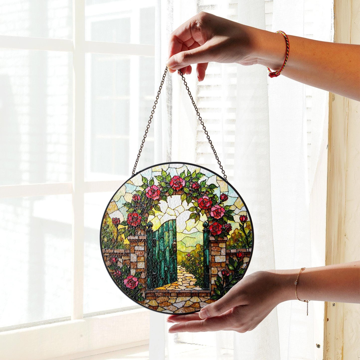 Garden gate rose arch design stained glass suncatcher window decor gift for mothers day or housewarming
