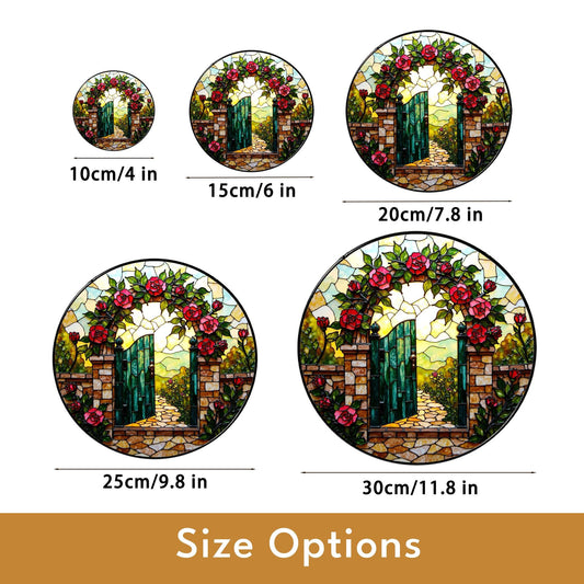 Garden gate rose arch design stained glass suncatcher window decor gift for mothers day or housewarming