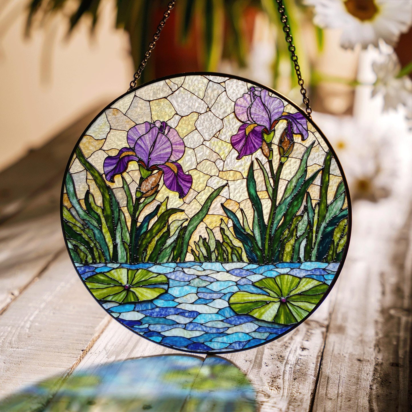 Purple iris garden stained glass suncatcher window decor floral ornament mothers day gift
