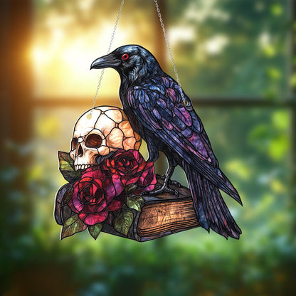 Crow Skull Window Hanging, Gothic Raven Book Decor, Halloween Dark Academia Art, Spooky Rose Window Accent, Macabre Gift for Book Lovers
