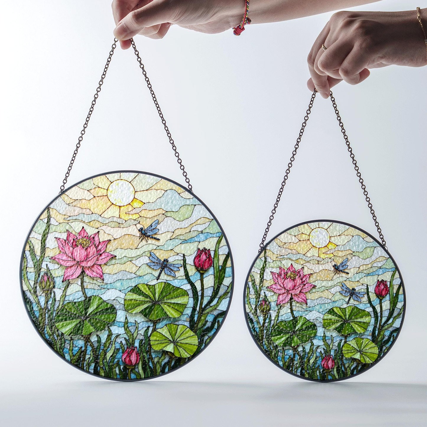 Pink Lotus Dragonfly Art Glass Suncatcher Round Window Hanging Nature Scene Gift for Mom or Garden Lover